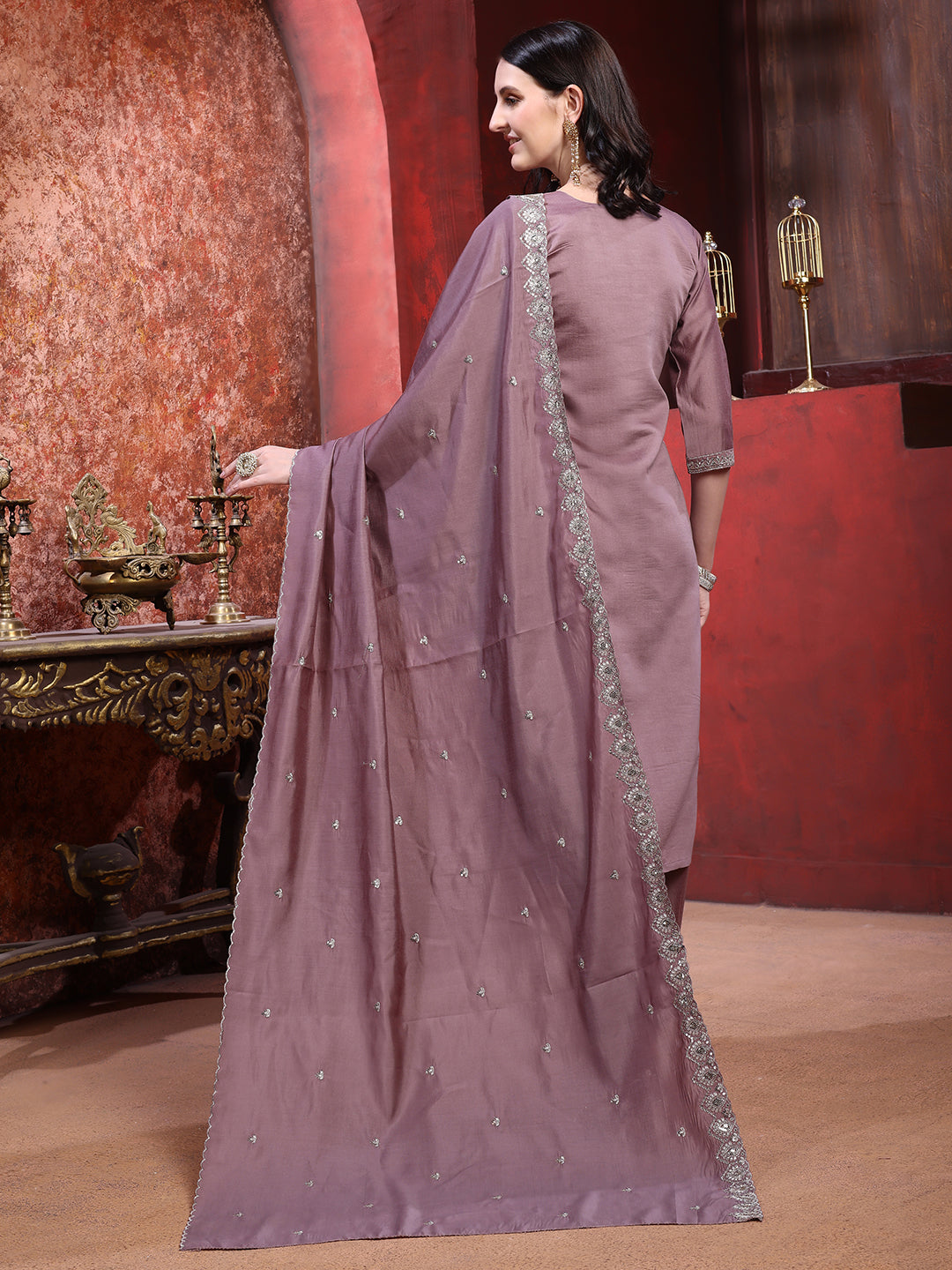 Straight Suit Set With Silver-Embroidered Kurta, Bordered Dupatta And Tapered Pant, Mauve - Hiral Fashion | Grocsy