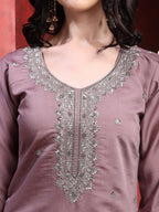 Straight Suit Set With Silver-Embroidered Kurta, Bordered Dupatta And Tapered Pant, Mauve - Hiral Fashion | Grocsy