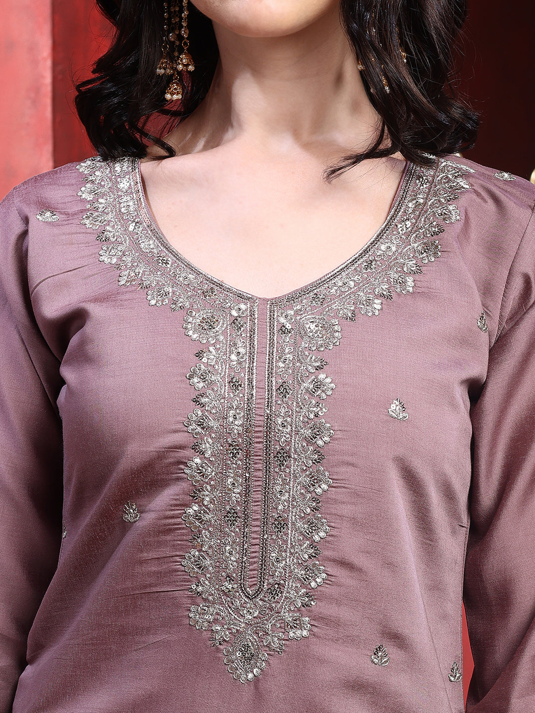 Straight Suit Set With Silver-Embroidered Kurta, Bordered Dupatta And Tapered Pant, Mauve - Hiral Fashion | Grocsy