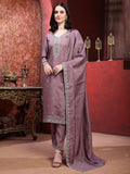Straight Suit Set With Silver-Embroidered Kurta, Bordered Dupatta And Tapered Pant, Mauve - Hiral Fashion | Grocsy