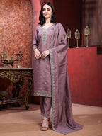 Straight Suit Set With Silver-Embroidered Kurta, Bordered Dupatta And Tapered Pant, Mauve - Hiral Fashion | Grocsy