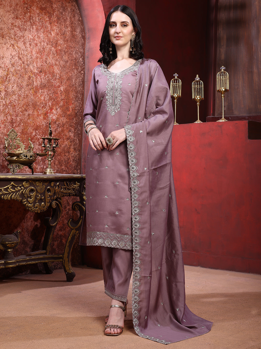 Straight Suit Set With Silver-Embroidered Kurta, Bordered Dupatta And Tapered Pant, Mauve - Hiral Fashion | Grocsy