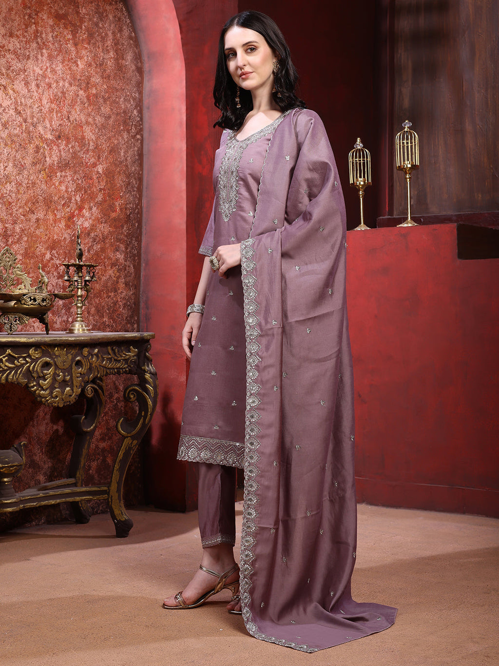 Straight Suit Set With Silver-Embroidered Kurta, Bordered Dupatta And Tapered Pant, Mauve - Hiral Fashion | Grocsy