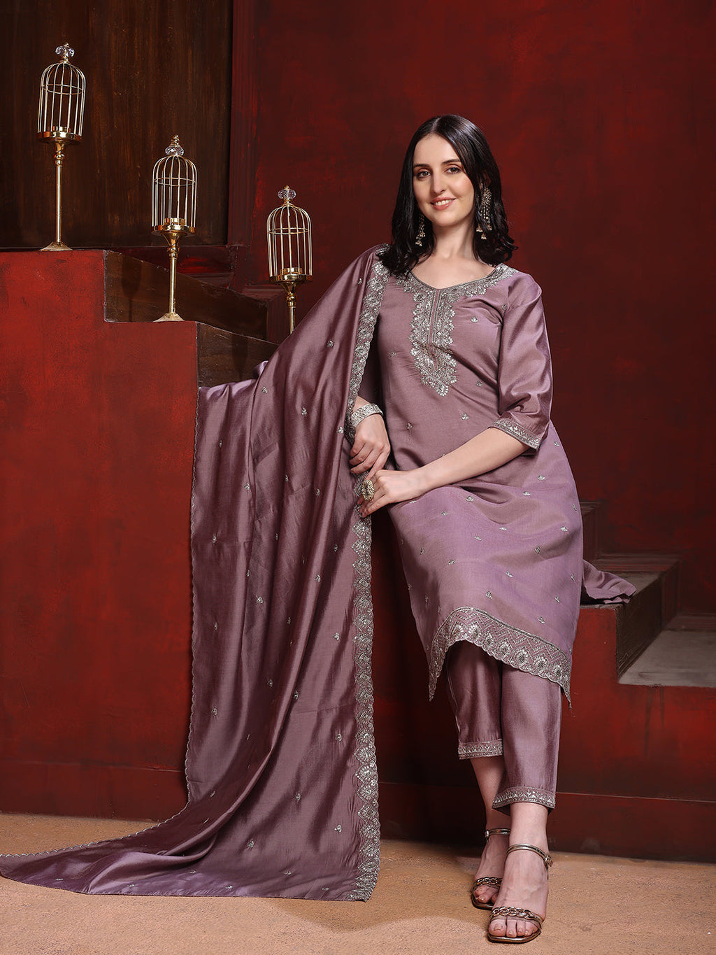Straight Suit Set With Silver-Embroidered Kurta, Bordered Dupatta And Tapered Pant, Mauve - Hiral Fashion | Grocsy