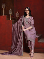 Straight Suit Set With Silver-Embroidered Kurta, Bordered Dupatta And Tapered Pant, Mauve - Hiral Fashion | Grocsy