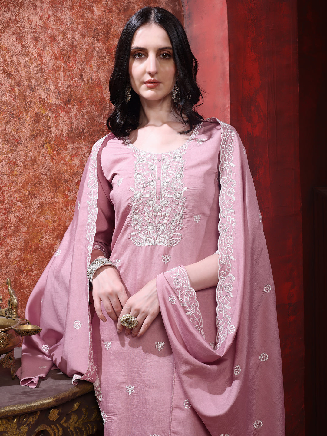 Hand Embroidered Kurta With Pant & Dupatta, Pink - Hiral Fashion | Grocsy