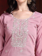 Hand Embroidered Kurta With Pant & Dupatta, Pink - Hiral Fashion | Grocsy