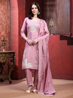 Hand Embroidered Kurta With Pant & Dupatta, Pink - Hiral Fashion | Grocsy