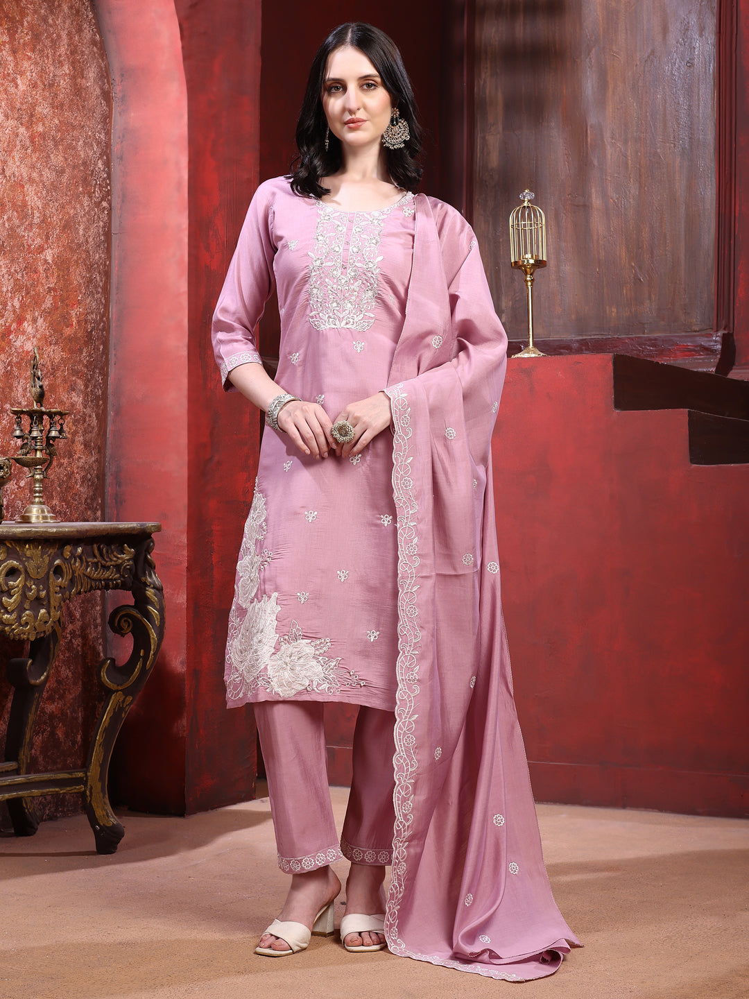 Hand Embroidered Kurta With Pant & Dupatta, Pink - Hiral Fashion | Grocsy