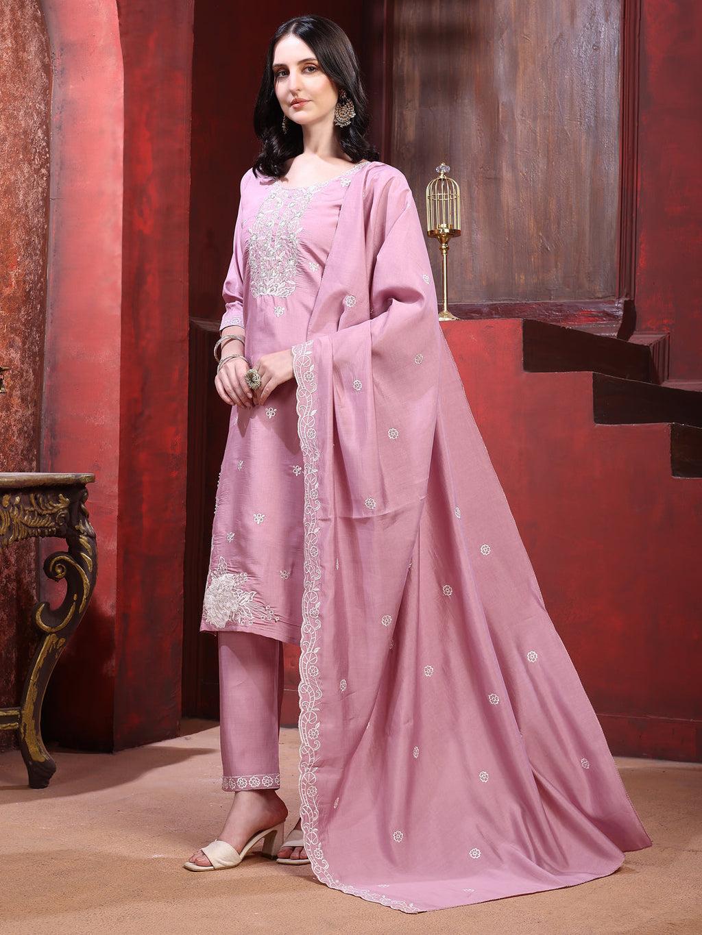 Hand Embroidered Kurta With Pant & Dupatta, Pink - Hiral Fashion | Grocsy