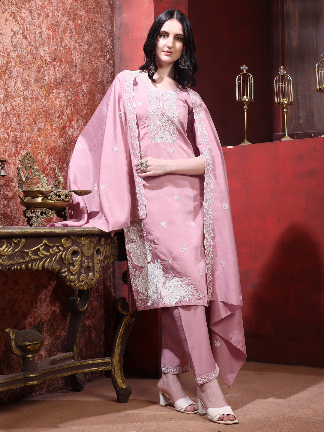 Hand Embroidered Kurta With Pant & Dupatta, Pink - Hiral Fashion | Grocsy