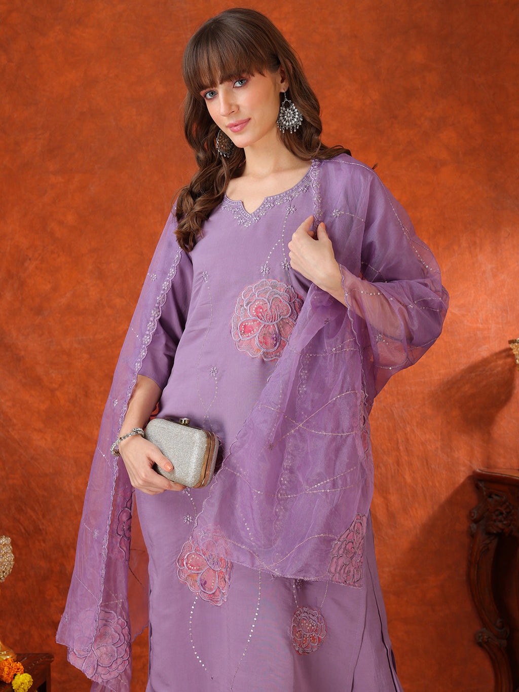 Embroidered Kurta With Pant & Embroidered Dupatta, Lavender - Hiral Fashion | Grocsy