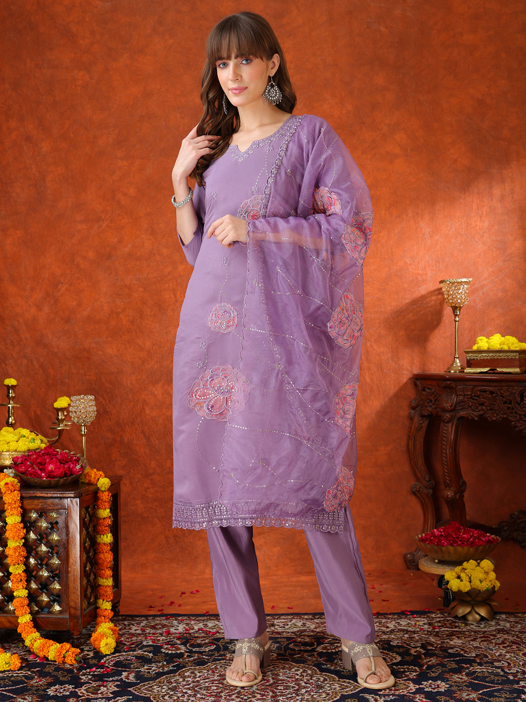 Embroidered Kurta With Pant & Embroidered Dupatta, Lavender - Hiral Fashion | Grocsy