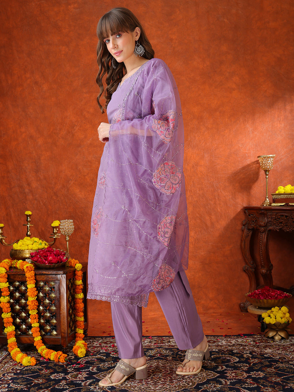 Embroidered Kurta With Pant & Embroidered Dupatta, Lavender - Hiral Fashion | Grocsy