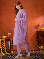 Embroidered Kurta With Pant & Embroidered Dupatta, Lavender - Hiral Fashion | Grocsy