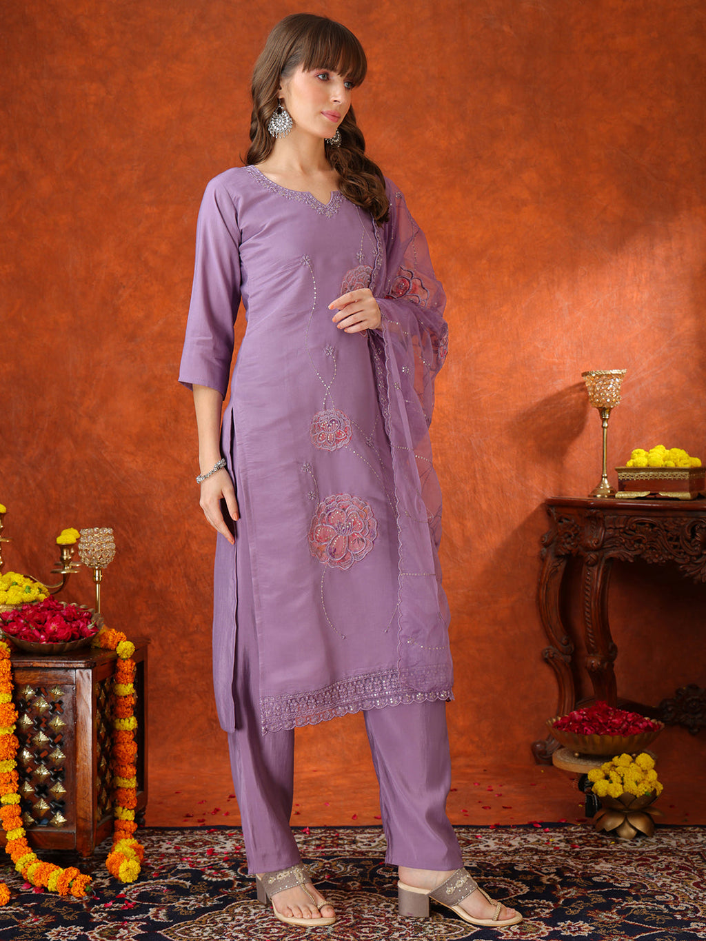 Embroidered Kurta With Pant & Embroidered Dupatta, Lavender - Hiral Fashion | Grocsy