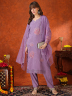 Embroidered Kurta With Pant & Embroidered Dupatta, Lavender - Hiral Fashion | Grocsy