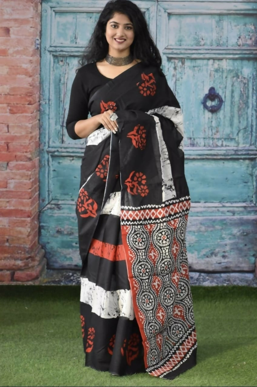 Exclusive Collection Black Multi Beautiful Mulmul Cotton Saree | Grocsy