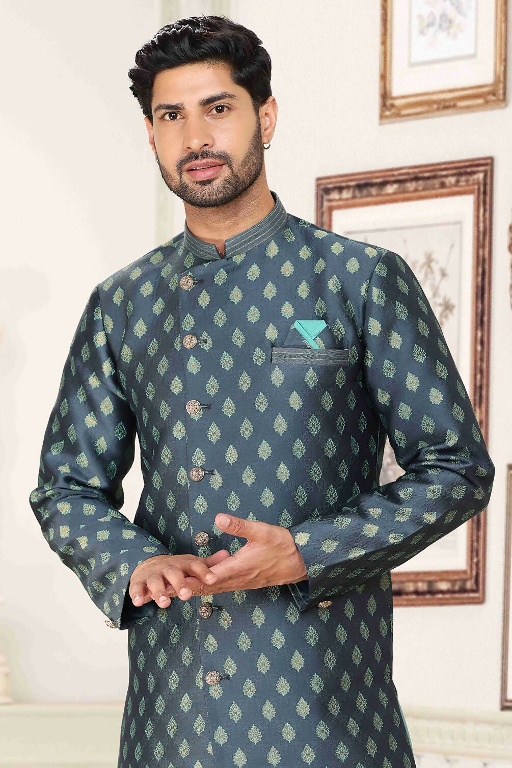 Raivat Ethnic Banarasi Jacquard Embroidery Semi Indo Western Sherwani In Grey Blue Colour | Grocsy