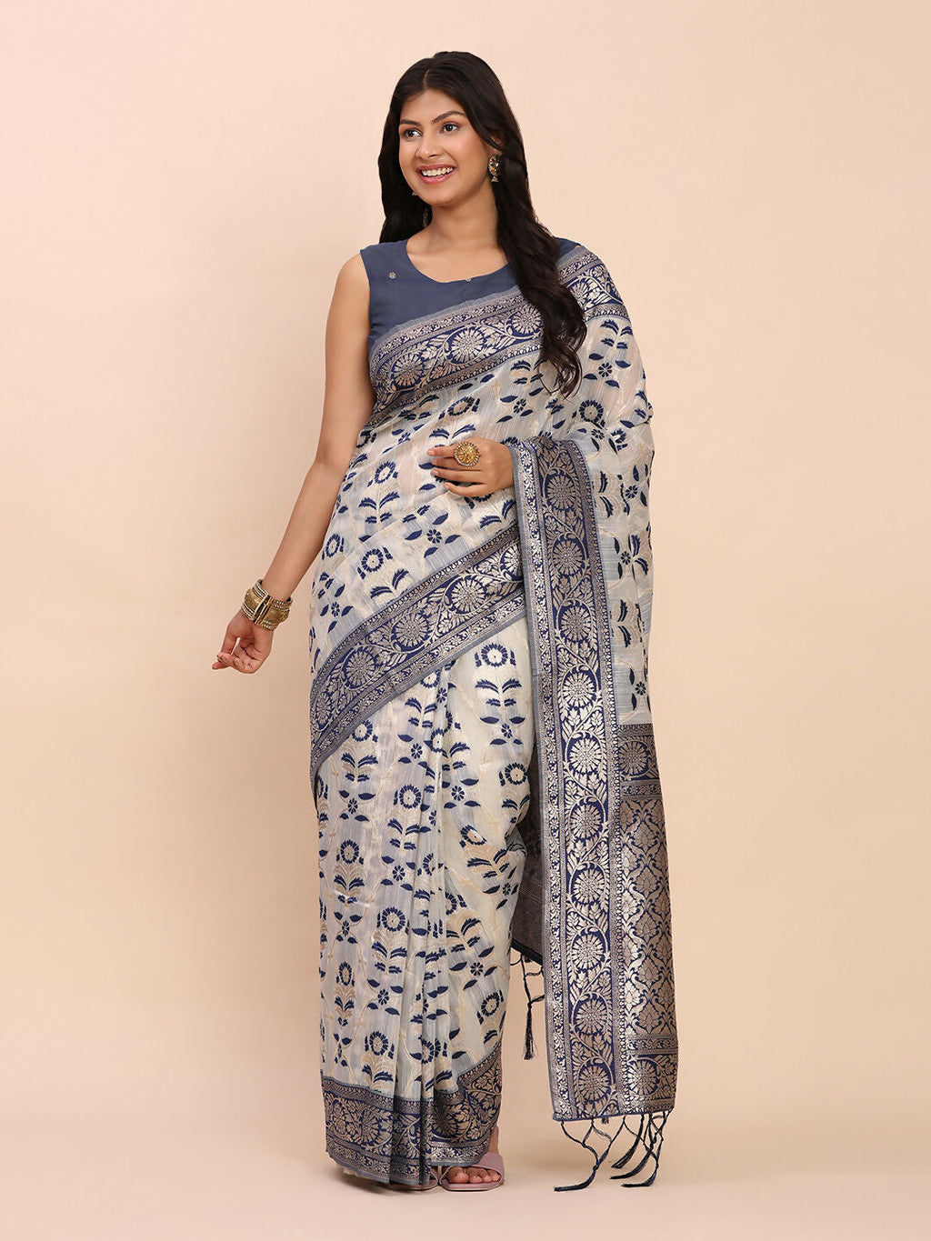 Shree Shyam Fashion Linen Cotton Navy Blue Saree | Grocsy
