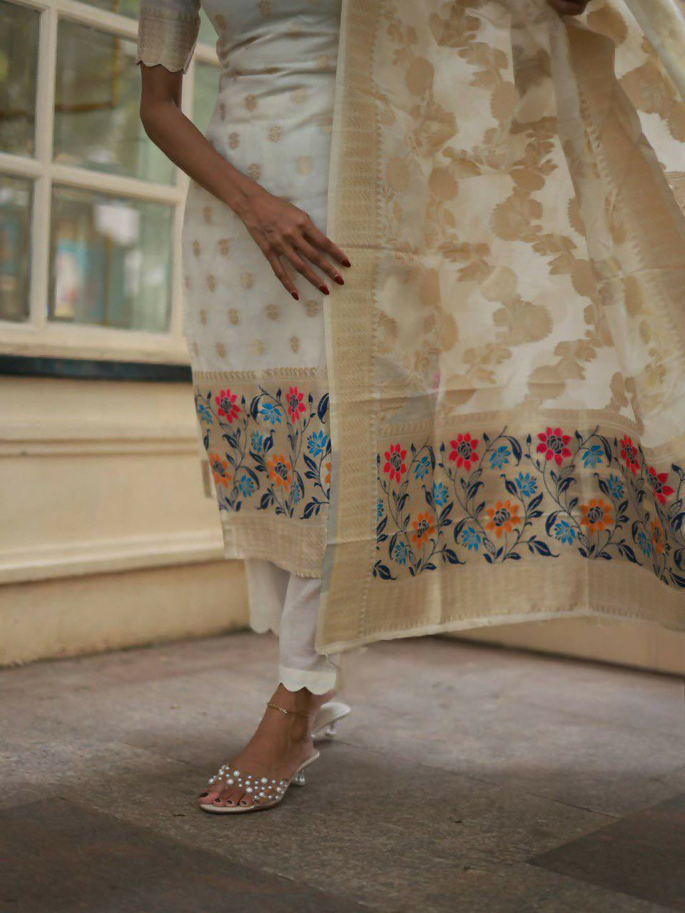 The52 White Women's Beautiful Viscose Jacquard Fabric Printed Work Straight Kurta Pant and Dupatta Set | Grocsy