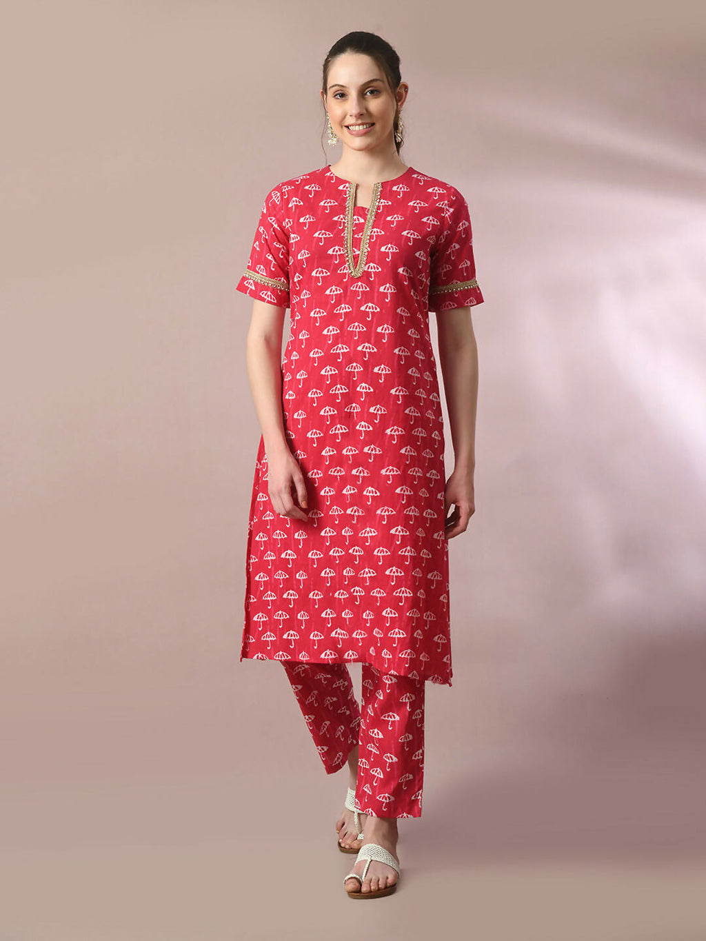 Myshka Women's Pink Printed Cotton Straight Party Kurta Set | Grocsy