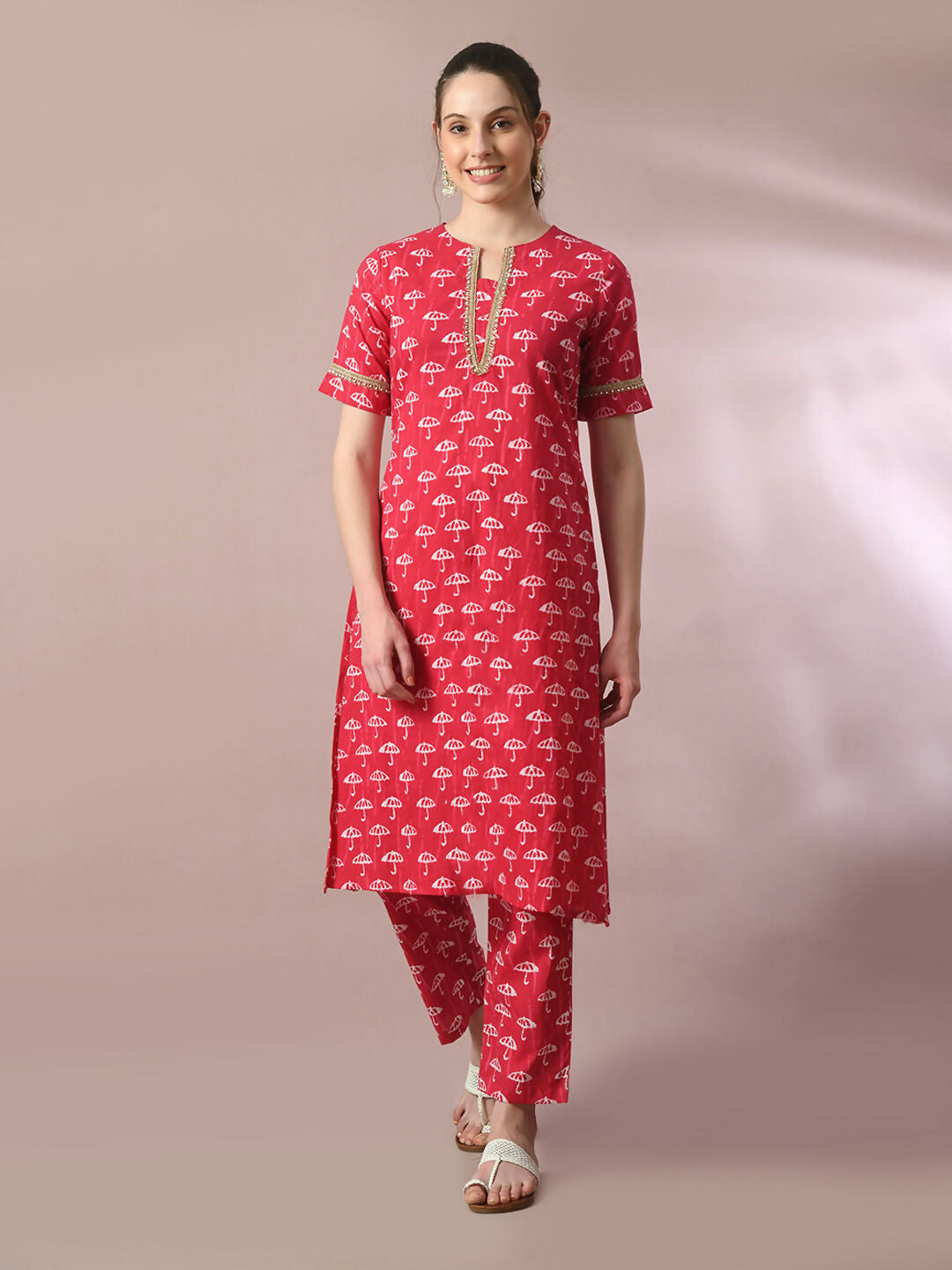 Myshka Women's Pink Printed Cotton Straight Party Kurta Set | Grocsy