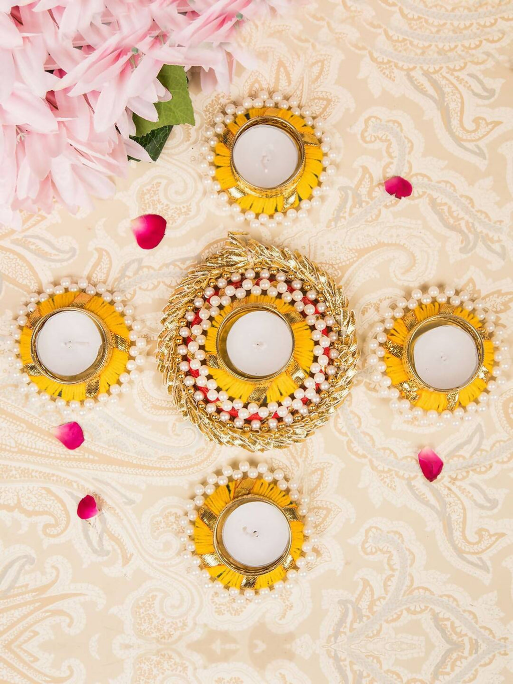 Tied Ribbons Set Of 5 Golden Diwali Dcoration Tealight Candle Holder | Grocsy