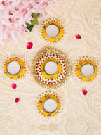Tied Ribbons Set Of 5 Golden Diwali Dcoration Tealight Candle Holder | Grocsy