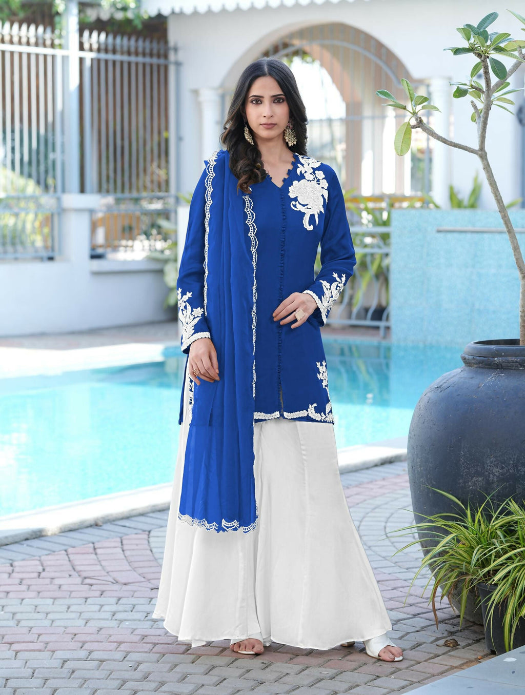 Nikhaar Royal Blue Embroidered Modal Silk Stitched Straight Cut Kurta Kalidar Palazzo Dupatta Readymade Suit | Grocsy