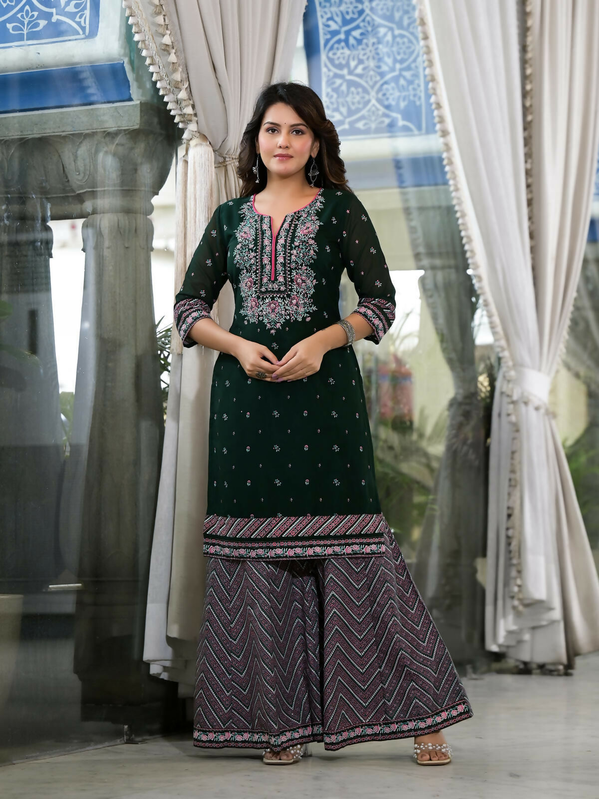 Juniper Women's Green Floral Printed Georgette Kurta Sharara & Dupatta Set With Sequins | Grocsy