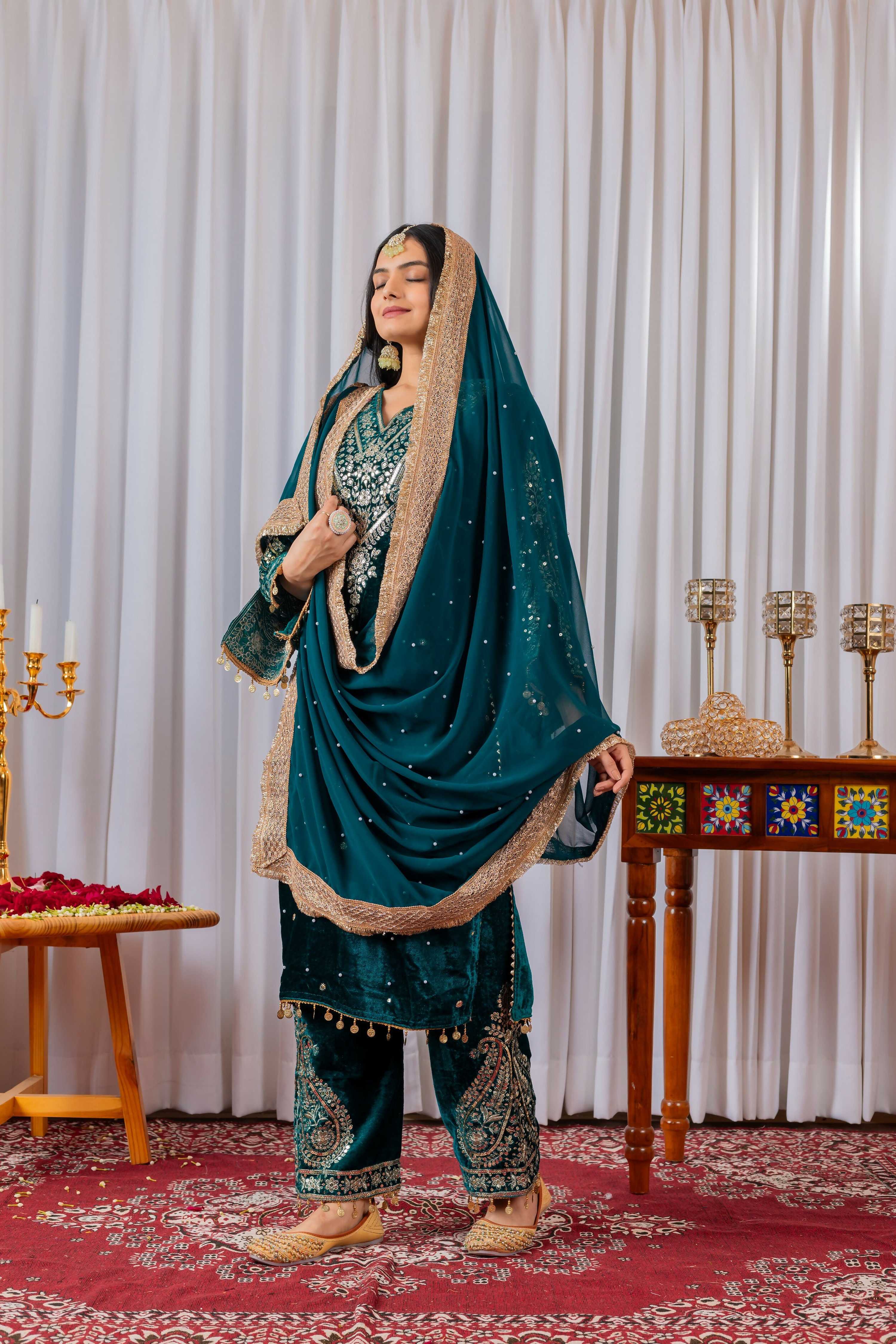 Teeya Creation Teal Color Velvet Silk Embroidery Work Party Wear Suit | Grocsy
