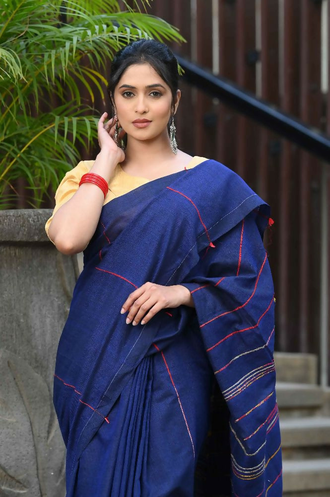 Beatitude Blue Khadi Ghicha Stripes Saree | Grocsy