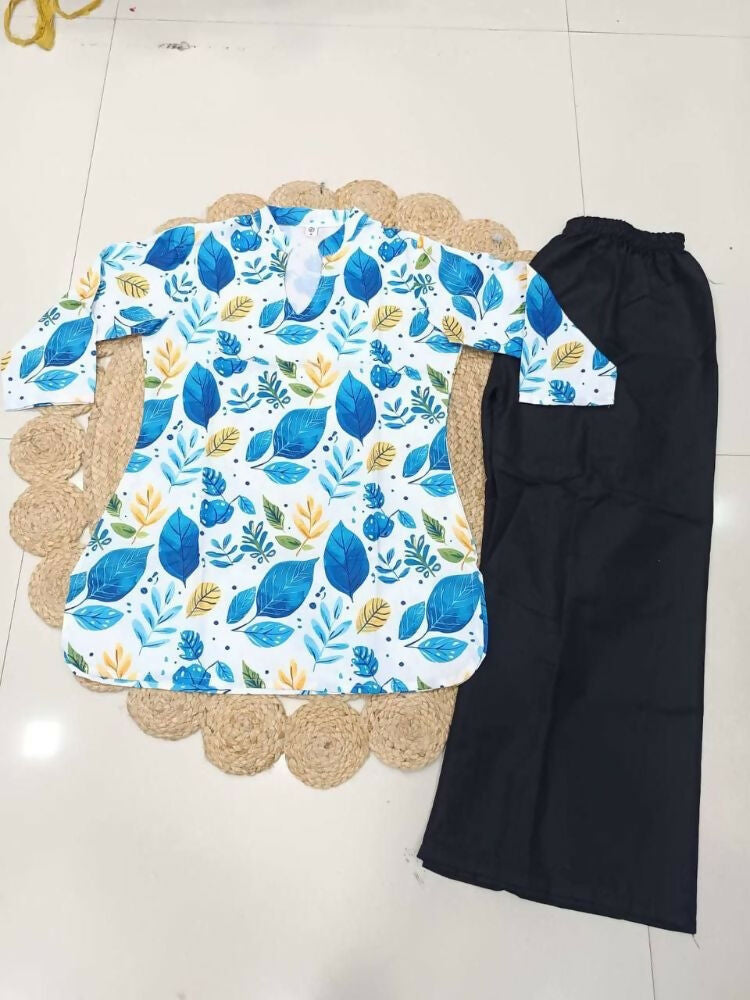 Teeya Creation New Latest Women White Blue Leaf Printed Cotton Kurti with Black Palazzo Set | Grocsy