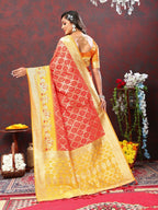 Vastranavya Red Soft Patola Silk With Meenakari Weaving Motifs And Rich Zari Weaving Pallu Saree With Matching Blouse Fabric | Grocsy