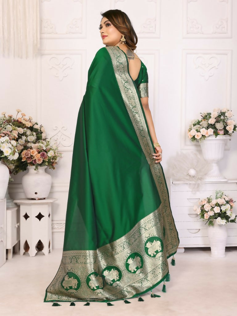 Anaita Dark Green Banarasi Silk With Beautiful Gala Weaving Saree With Blouse | Grocsy