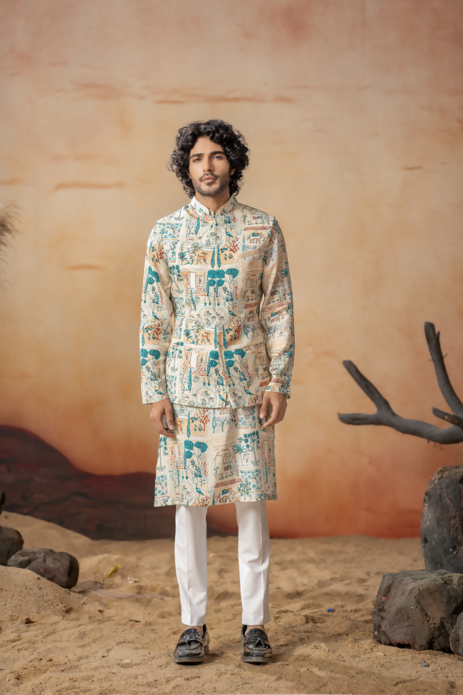 Classic Forest Print Silk Nehrujacket Set by Hilo Design | Grocsy