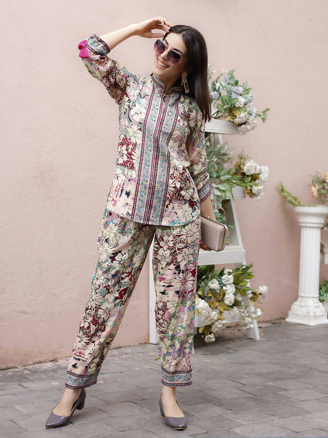 Cream Rayon Floral Printed Top with Matching Bottom - Eesha | Grocsy
