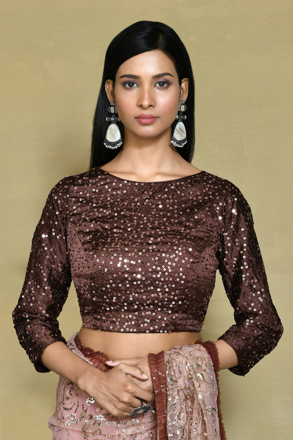 Brown Net Sequence Embroidered Festive Saree - Nimaya Denzy | Grocsy