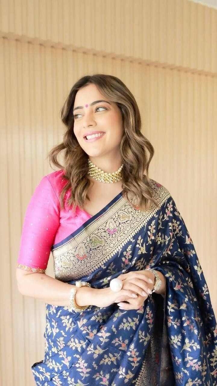 DEIANA'S Beautiful Designer Golden zari Soft Lichi Silk Saree - Navy Blue | Grocsy