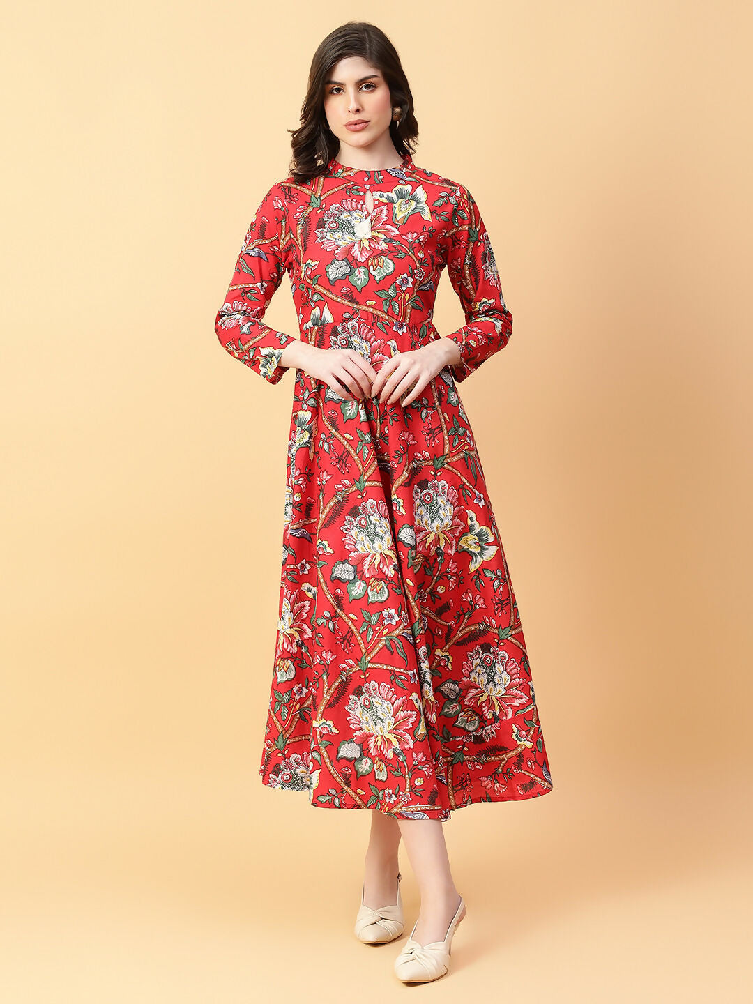 Joban Fashion Red Cotton Printed & Hand Work Dress | Grocsy