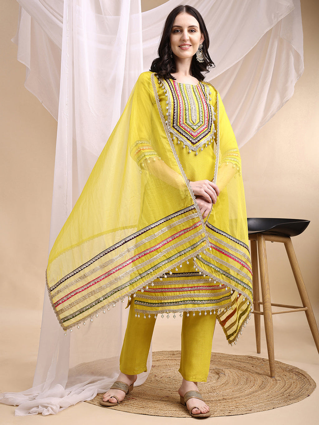 Hand Embroidered Kurta With Pant & Dupatta, Mustard - Hiral Fashion | Grocsy