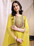 Hand Embroidered Kurta With Pant & Dupatta, Mustard - Hiral Fashion | Grocsy