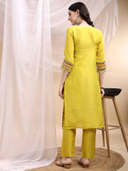 Hand Embroidered Kurta With Pant & Dupatta, Mustard - Hiral Fashion | Grocsy