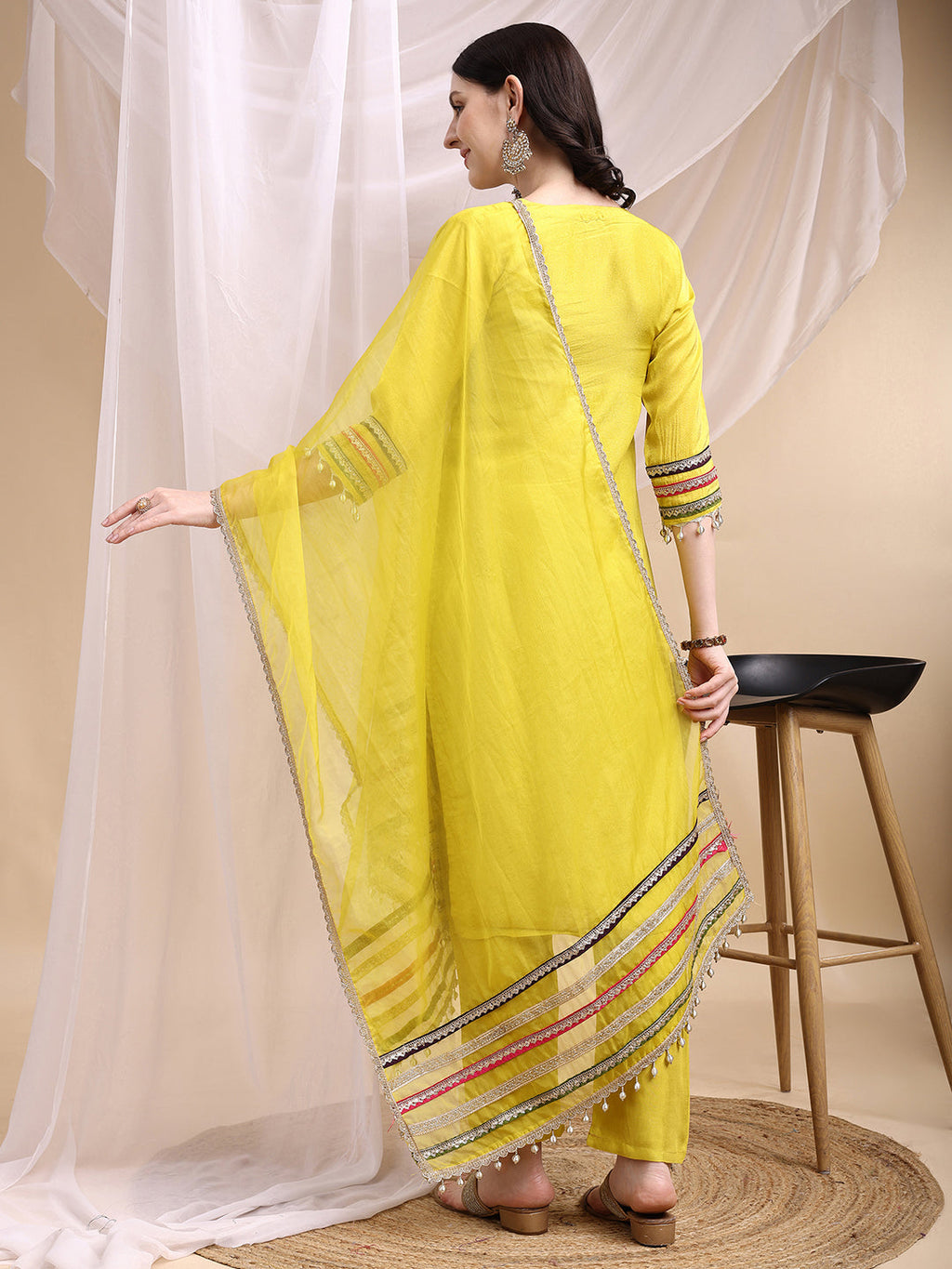 Hand Embroidered Kurta With Pant & Dupatta, Mustard - Hiral Fashion | Grocsy