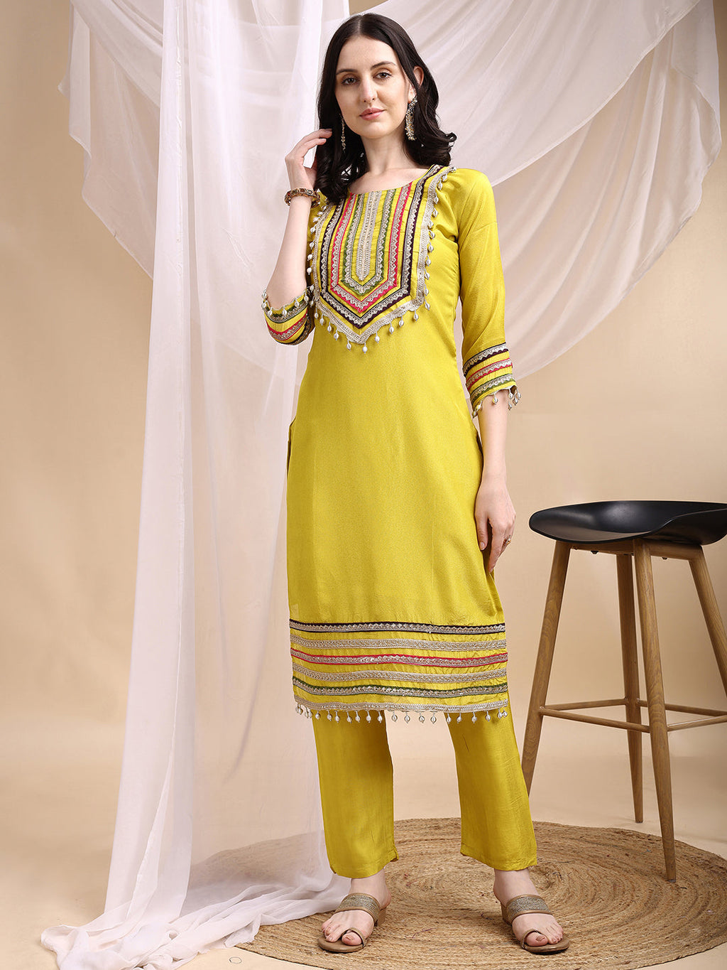 Hand Embroidered Kurta With Pant & Dupatta, Mustard - Hiral Fashion | Grocsy