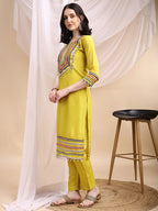 Hand Embroidered Kurta With Pant & Dupatta, Mustard - Hiral Fashion | Grocsy