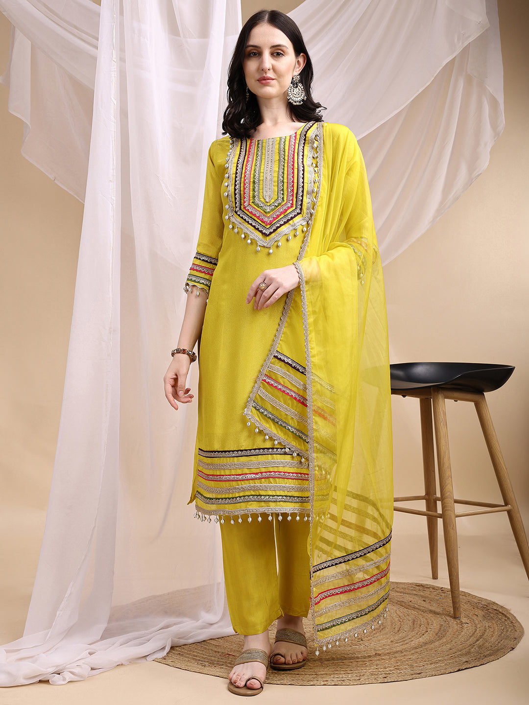 Hand Embroidered Kurta With Pant & Dupatta, Mustard - Hiral Fashion | Grocsy