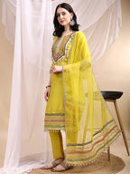 Hand Embroidered Kurta With Pant & Dupatta, Mustard - Hiral Fashion | Grocsy