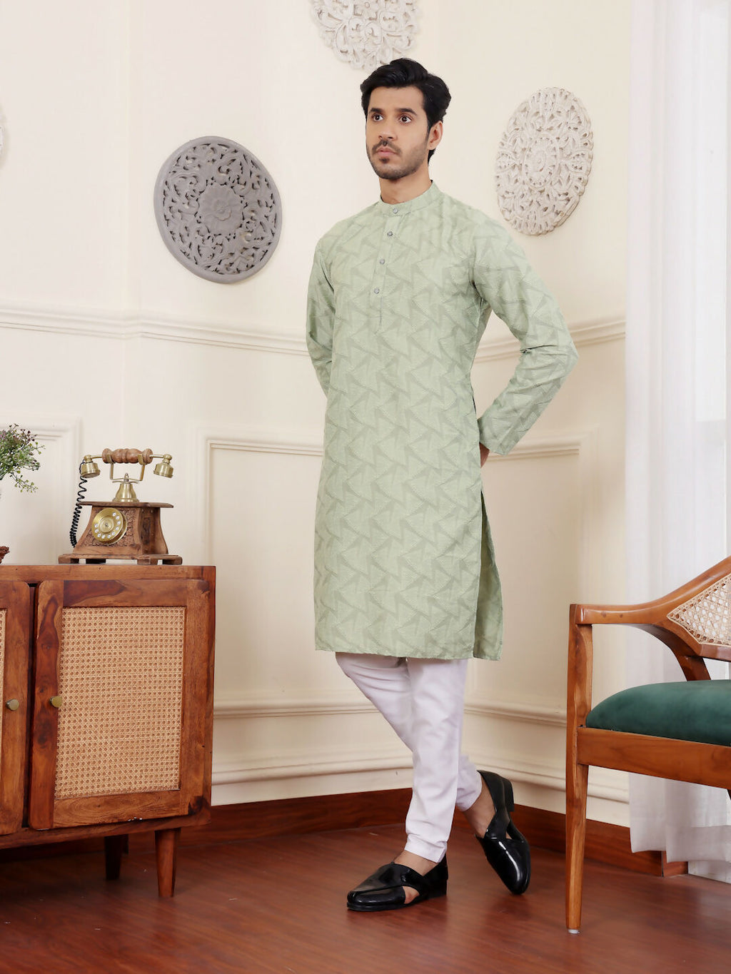 Green Viscose Woven Jacquard Work Men's Rajwadi Kurta Set - Mahotsav | Grocsy